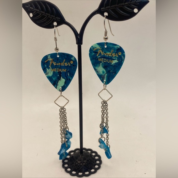 Fender Guitar Pick Dangle Earrings, with Turquoise Stones 4” - Picture 1 of 4